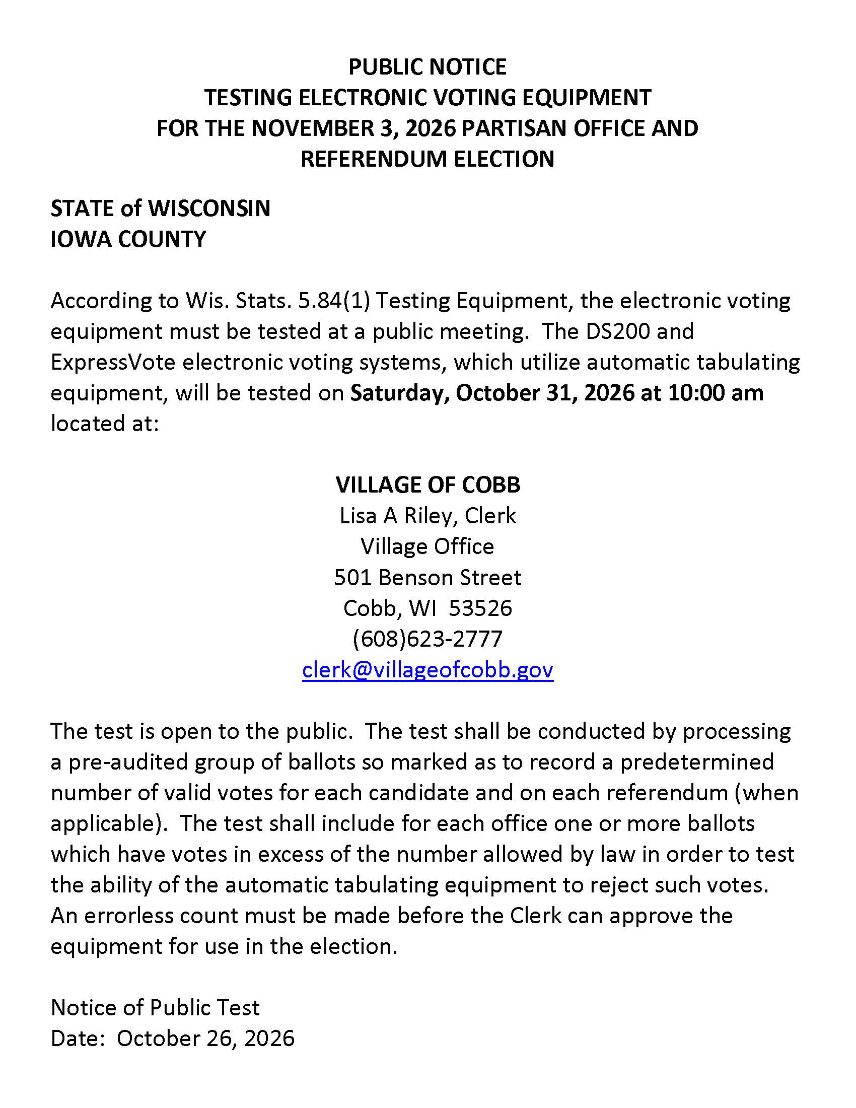 Public Test of Voting Equipment for November 3, 2026 Partisan Office and Referendum Election